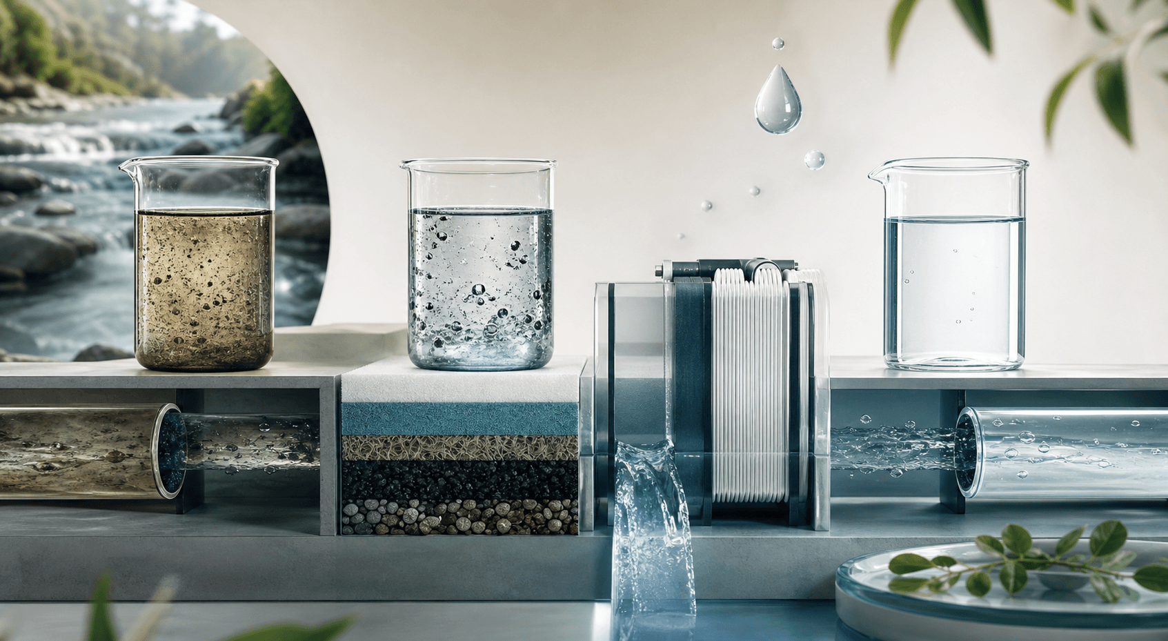 Illustrative water-treatment flow from raw water to clear output